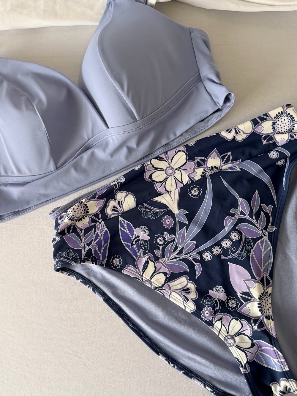 Adore Me Periwinkle Blue Molded Bikini Top with Navy & Lavender Floral Bottoms